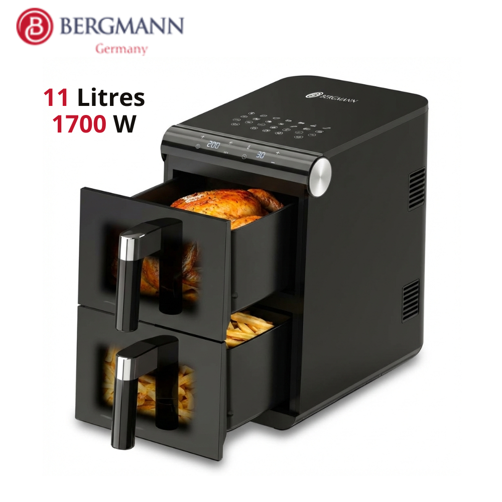Friteuse Air Fryer Sans Huile 11L 1700W Double Bac Vertical Avec Fenêtre - Bergmann BAF 7004