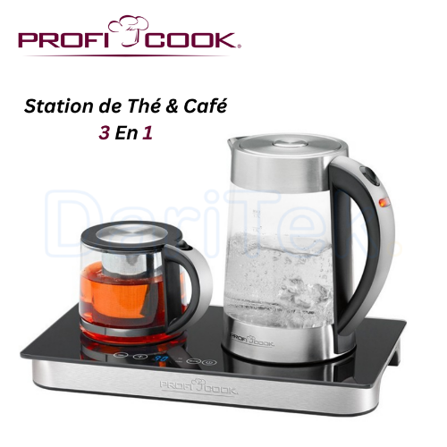 Station de Thé et Café 3 En 1 - 2200W avec Bouilloire 1.7L et Carafe 0.8L En Verre - Commande tactile et Réglage de Température - Proficook PC-TKS 1056