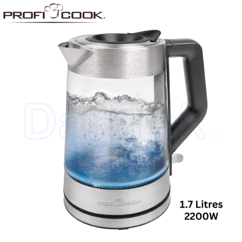 Bouilloire Électrique Sans Fil 1.7L 2200W En Verre et Inox - Indicateur De Température par Éclairage LED - Proficook PC-WKS 1190 G