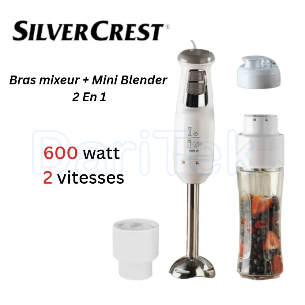 Bras Mixeur Avec Mini Blender 2en1 600W 2 Vitesses avec Verre Doseur 0.6L SilverCrest HB6038YF-N