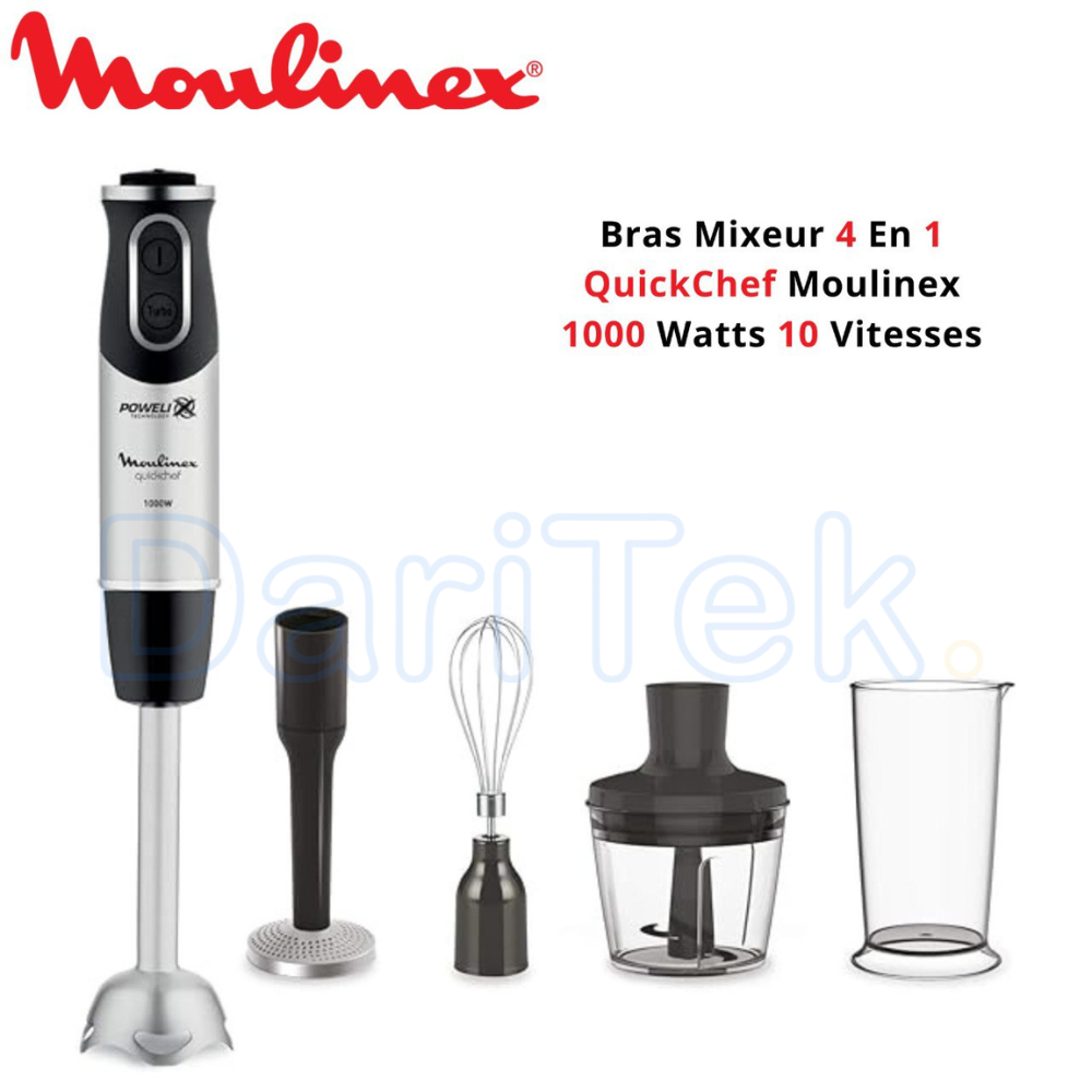 Bras Mixeur Plongeant 4en1 - 1000W et 10 Vitesses avec Hachoir et Presse Purée - Moulinex QuickChef DD65H810