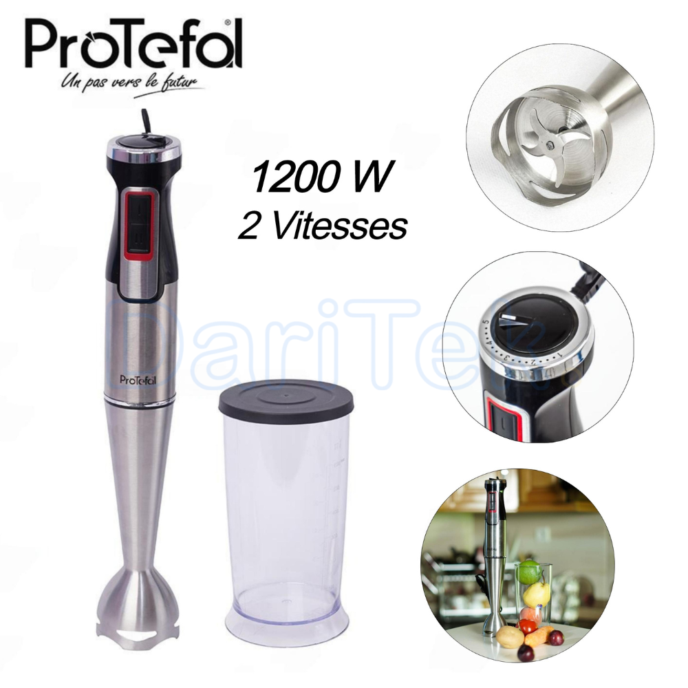 Bras Mixeur Plongeant Inox 1200W 2 Vitesses 4 Lames Avec Tasse 600 ml - ProTefal FY8020