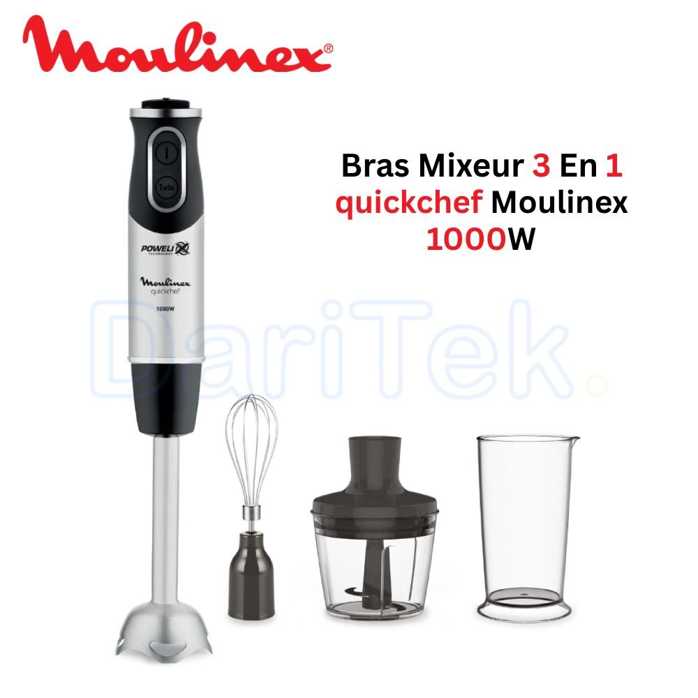 Bras Mixeur 3en1 Plongeant 1000W et 10 Vitesses avec Hachoir et Verre doseur INOX QuickChef Moulinex DD655810