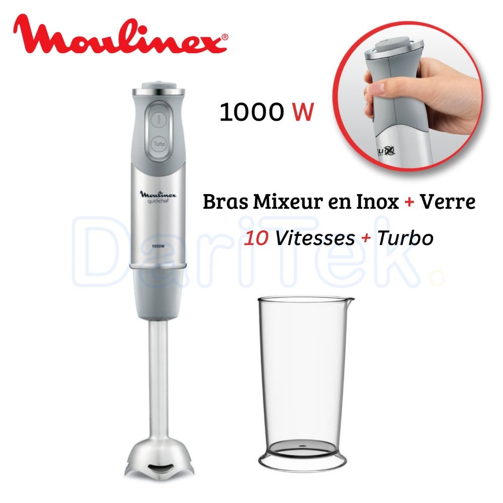 Bras Mixeur Plongeant Inox 1000W 10 Vitesses Avec Verre 800ml Technologie Powelix Moulinex QuickChef DD65AD10