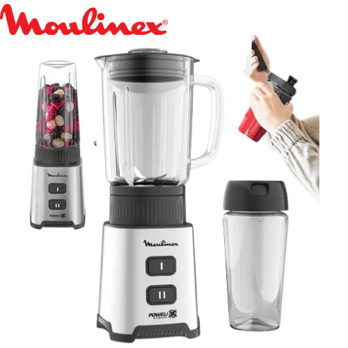 Blender Mixeur Electrique En Verre Avec Gourde à Emporter - 400W 0.7L - Moulinex Pulseo LM17GD10