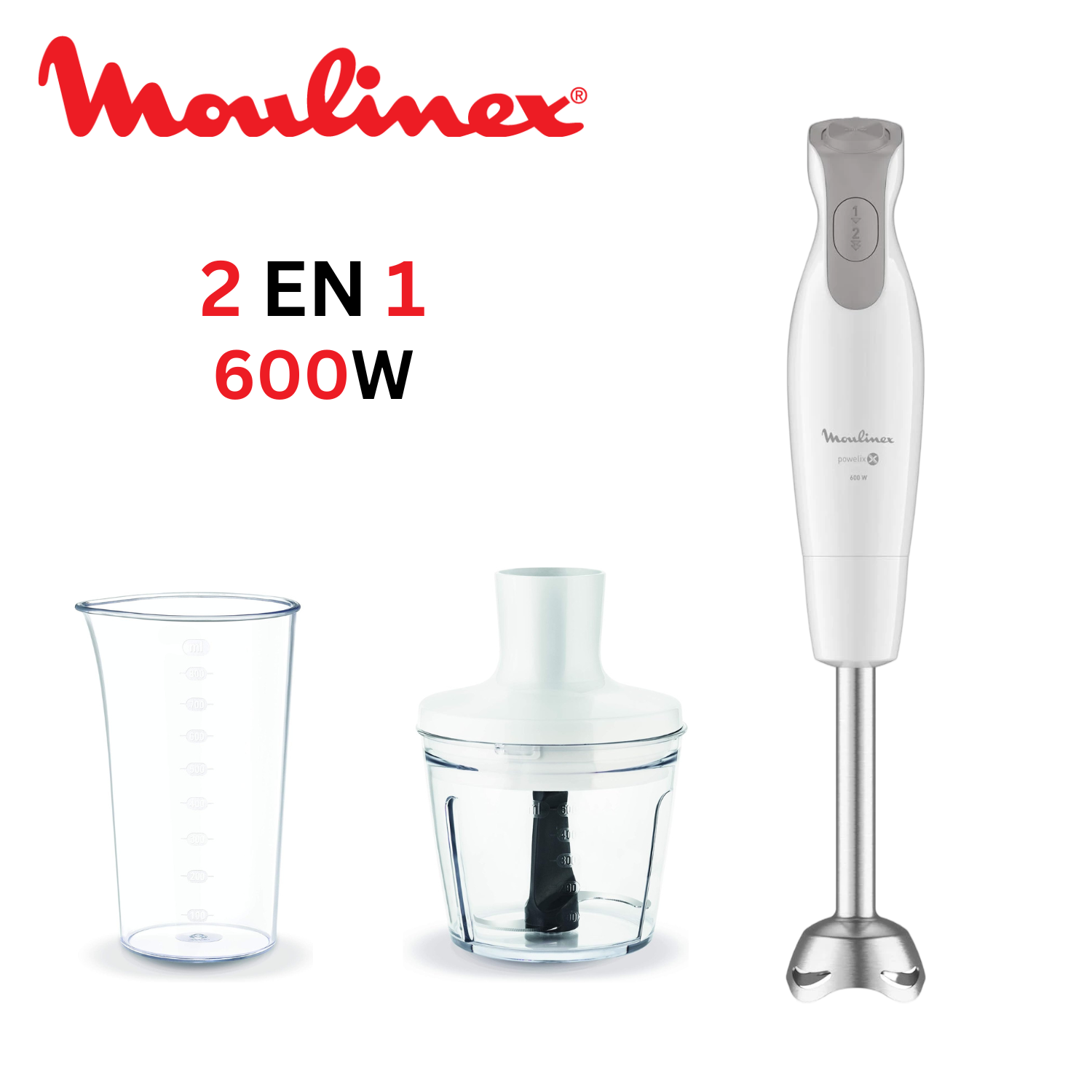 خلاط يدوي 2 في 1 بقوة 600 واط مع مفرمة وكأس قياس Moulinex Dailychef DD552110.