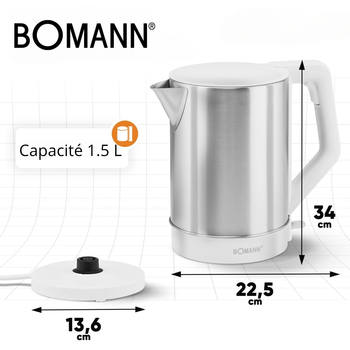 Bouilloire Électrique Sans Fil En Inox 1.5L 2200W - Bomann WKS 3002 CB – Image 5
