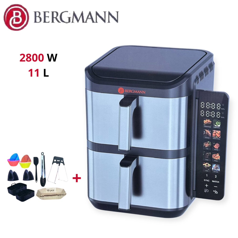 Friteuse Air Fryer Sans Huile Double Bac Vertical 11 L 2800 W Façade En Inox - Bergmann BAF 2040