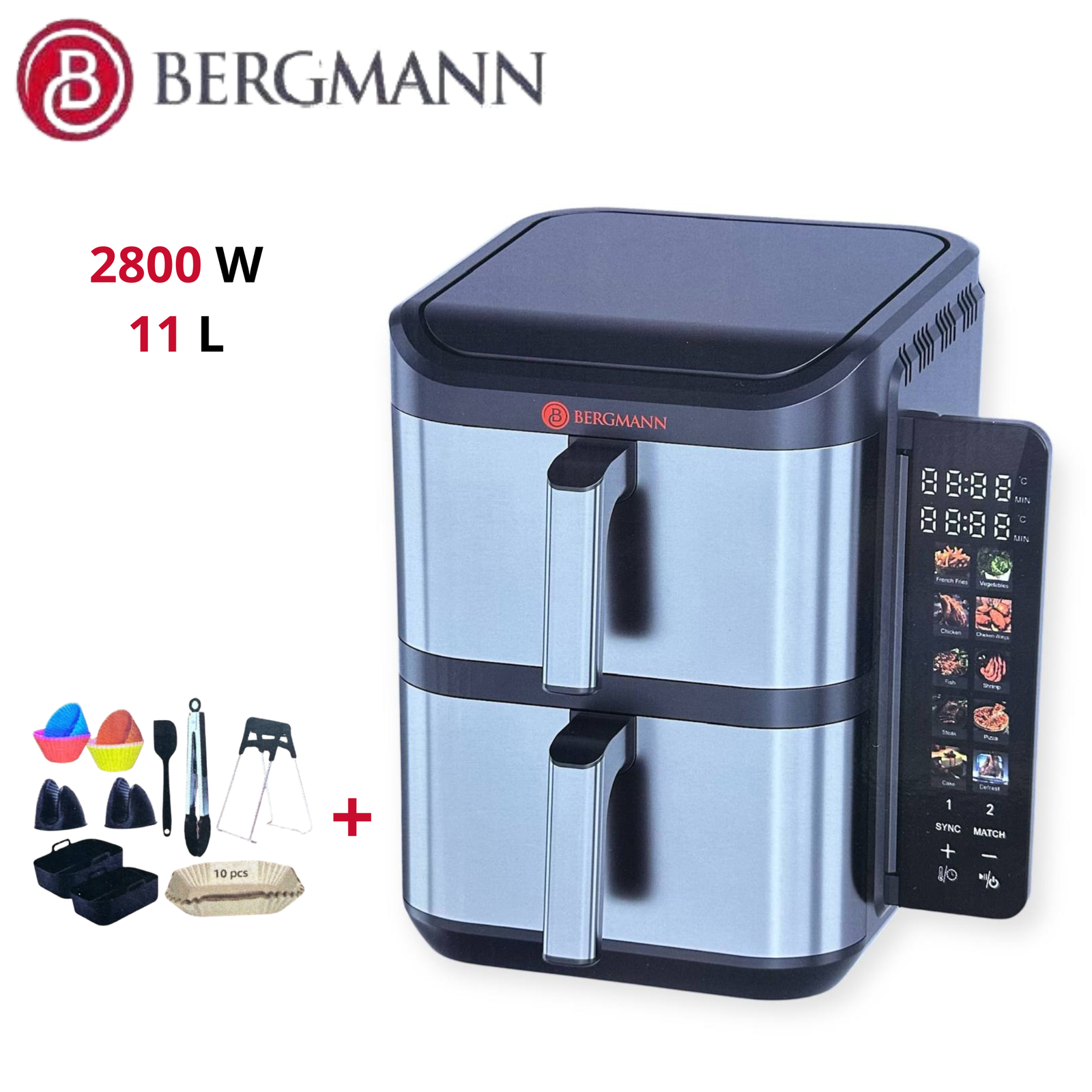 Friteuse Air Fryer Sans Huile Double Bac Vertical 11 L 2800 W Façade En Inox - Bergmann BAF 2040