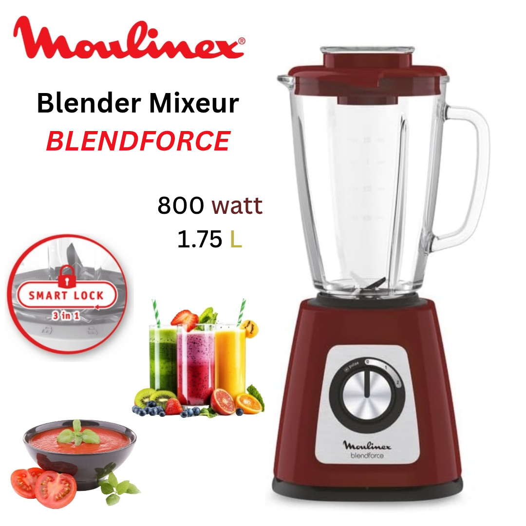 خلاط كهربائي 800 واط بسعة 1.75 لتر زجاجي – سرعتان + وظيفة سحق الثلج – Moulinex Blendforce LM430510