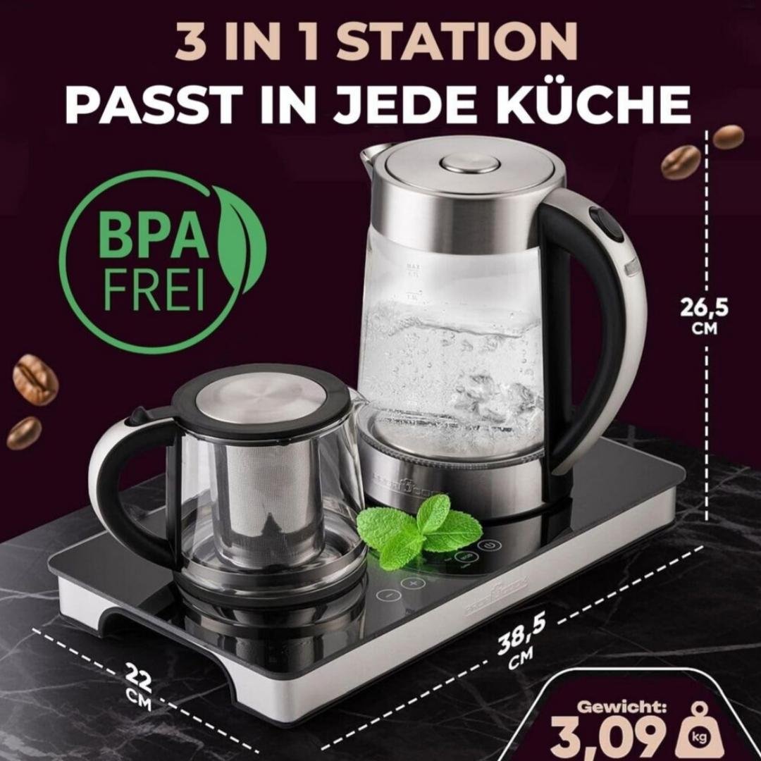 محطة شاي وقهوة 3 في 1 – 2200 واط مع غلاية 1.7 لتر وإبريق 0.8 لتر من الزجاج – تحكم باللمس وضبط درجة الحرارة – Proficook PC-TKS 1056 - الصورة 8