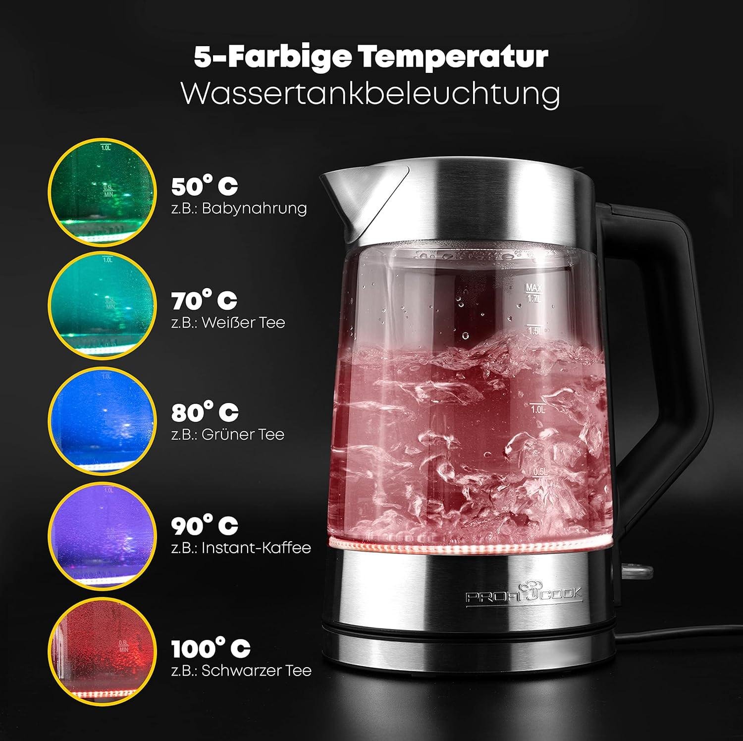 غلاية كهربائية بدون سلك 1.7 لتر 2200 واط من الزجاج والفولاذ المقاوم للصدأ – مؤشر درجة الحرارة بإضاءة LED – Proficook PC-WKS 1190 G - الصورة 3