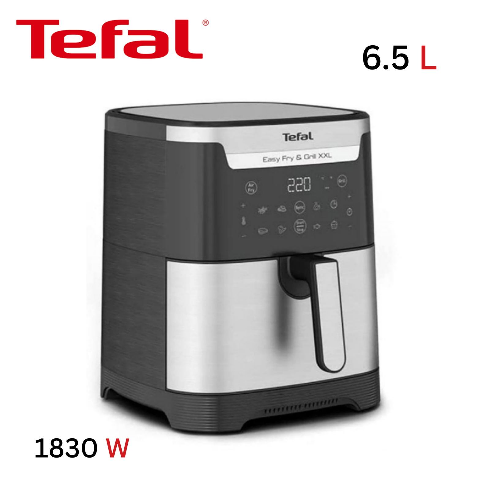 قلاية هوائية 2 في 1 بدون زيت سعة 6.5 لتر 1830 واط 8 برامج - من الفولاذ المقاوم للصدأ - Tefal Easy Fry & Grill XXL EY801D27