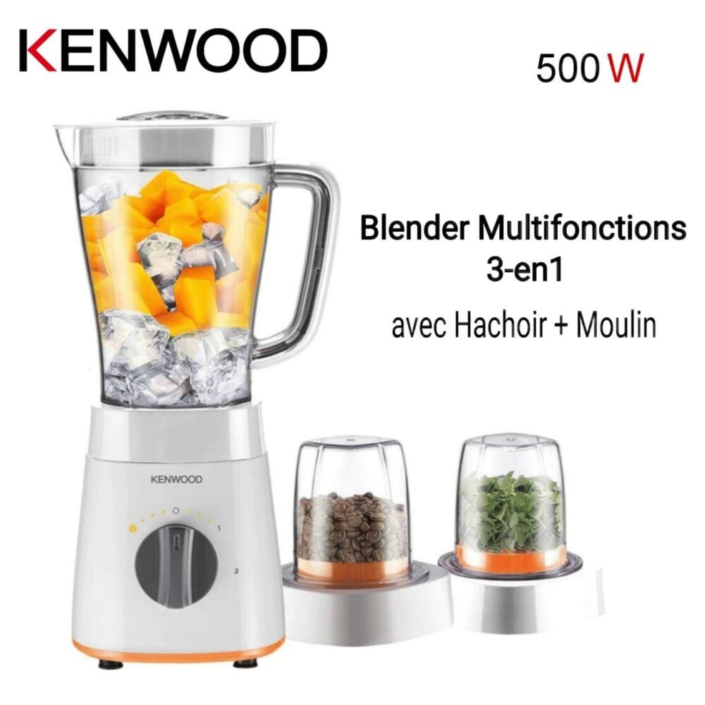Blender Mixeur 500 W 2 L Avec Hachoir et Moulin - 2 Vitesses et Turbo avec Fonction Ice Crush - Kenwood BLP15