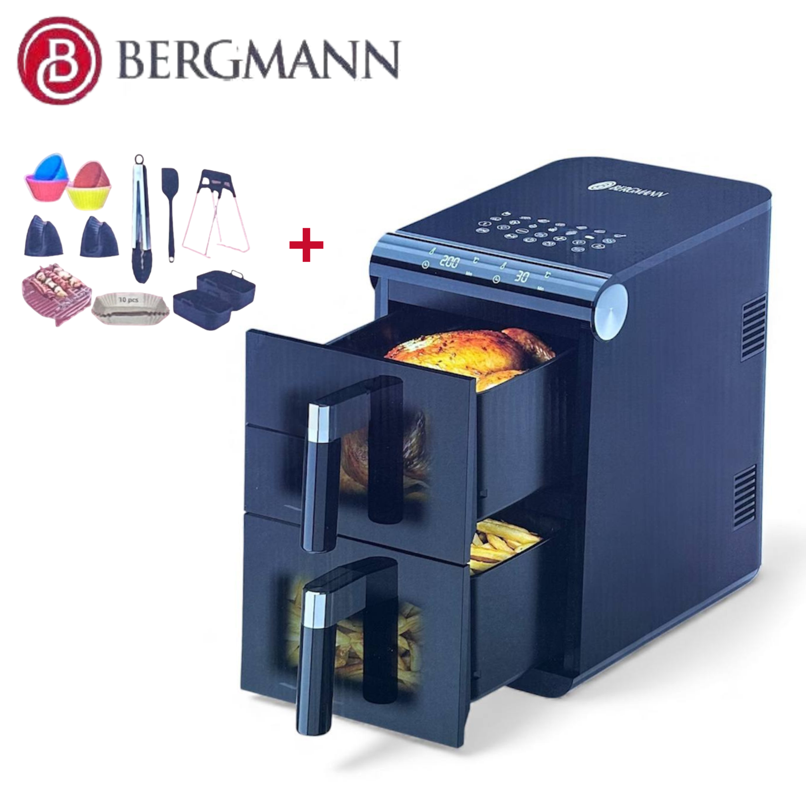 Friteuse Air Fryer Sans Huile 11L 1700W Double Bac Vertical Avec Fenêtre - Bergmann BAF 7004 – Image 4