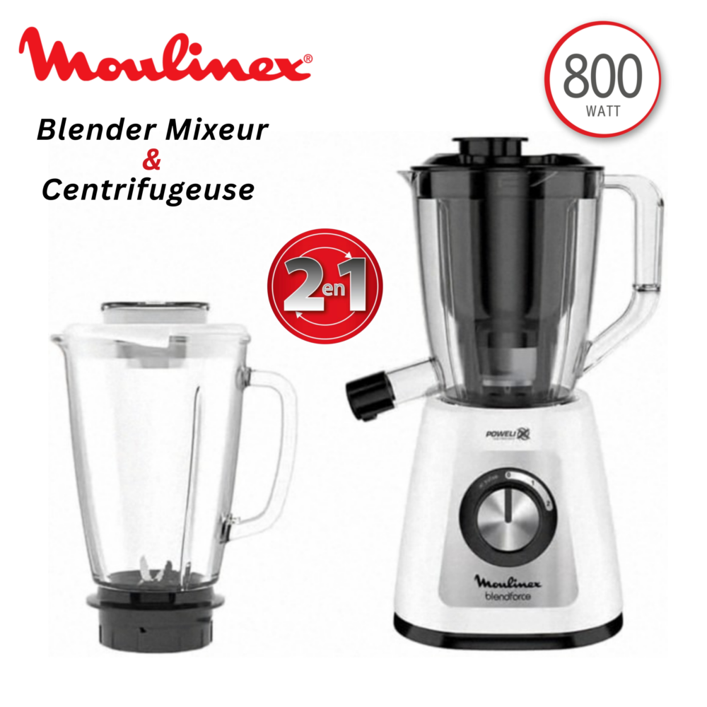 Blender Mixeur et Centrifugeuse 2 En 1 - 800W 1.75L En Verre avec 2 Vitesses et Turbo - 6 Lames Inox Powelix - Moulinex Blendforce 2en1 LM43Q110