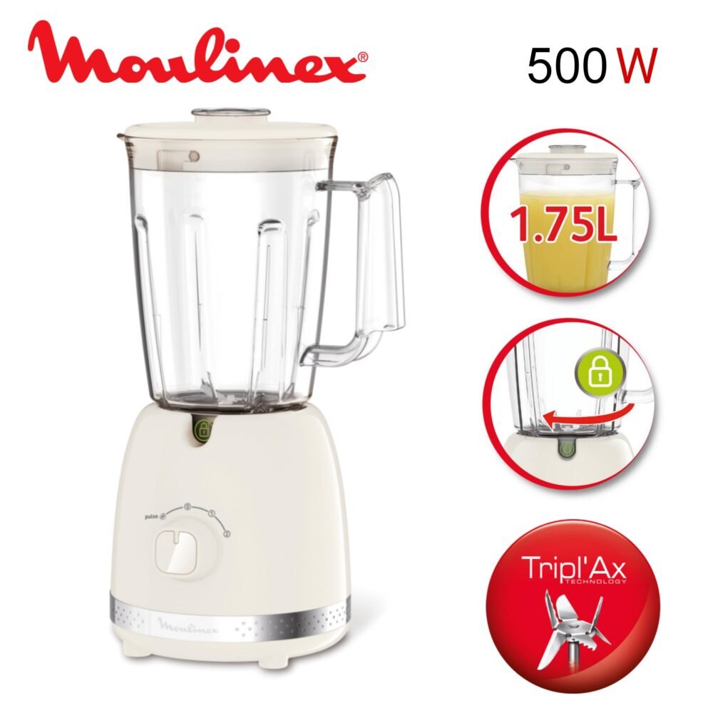 Blender Mixeur 500 W 1.75 L - 2 Vitesses et Turbo avec 6 Lames - Moulinex Soleil Ivoire LM355A10