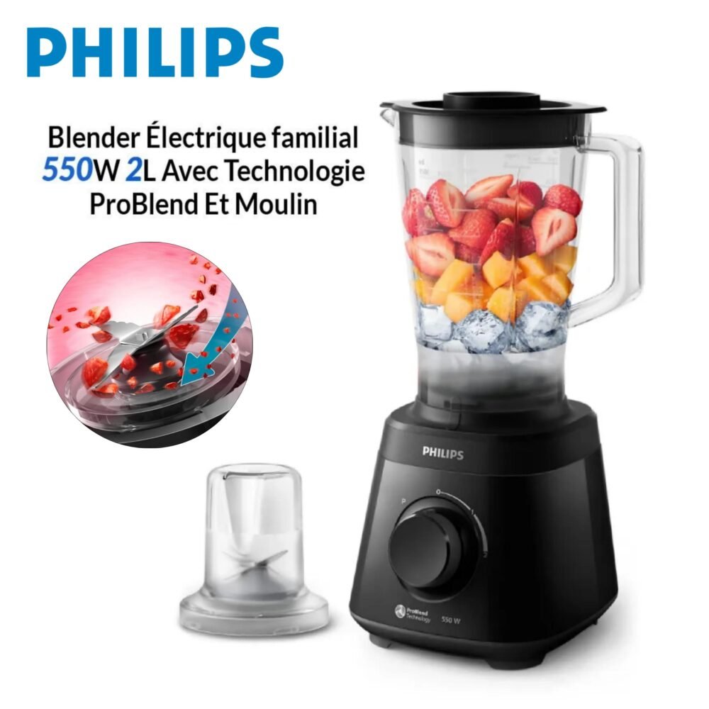 Blender Mixeur Électrique 550W 2L Avec Moulin - 2 Vitesses et Turbo - Technologie ProBlend - Philips HR2141/92
