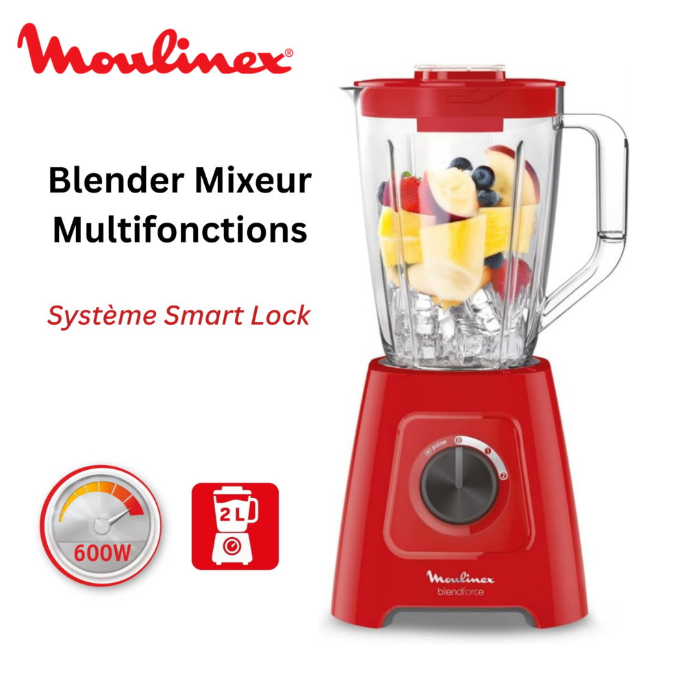 Blender Mixeur Electrique 600W 2 Litres 2 Vitesses et turbo - 4 Lames Avec Système Smart Lock - Moulinex Blendforce LM420510