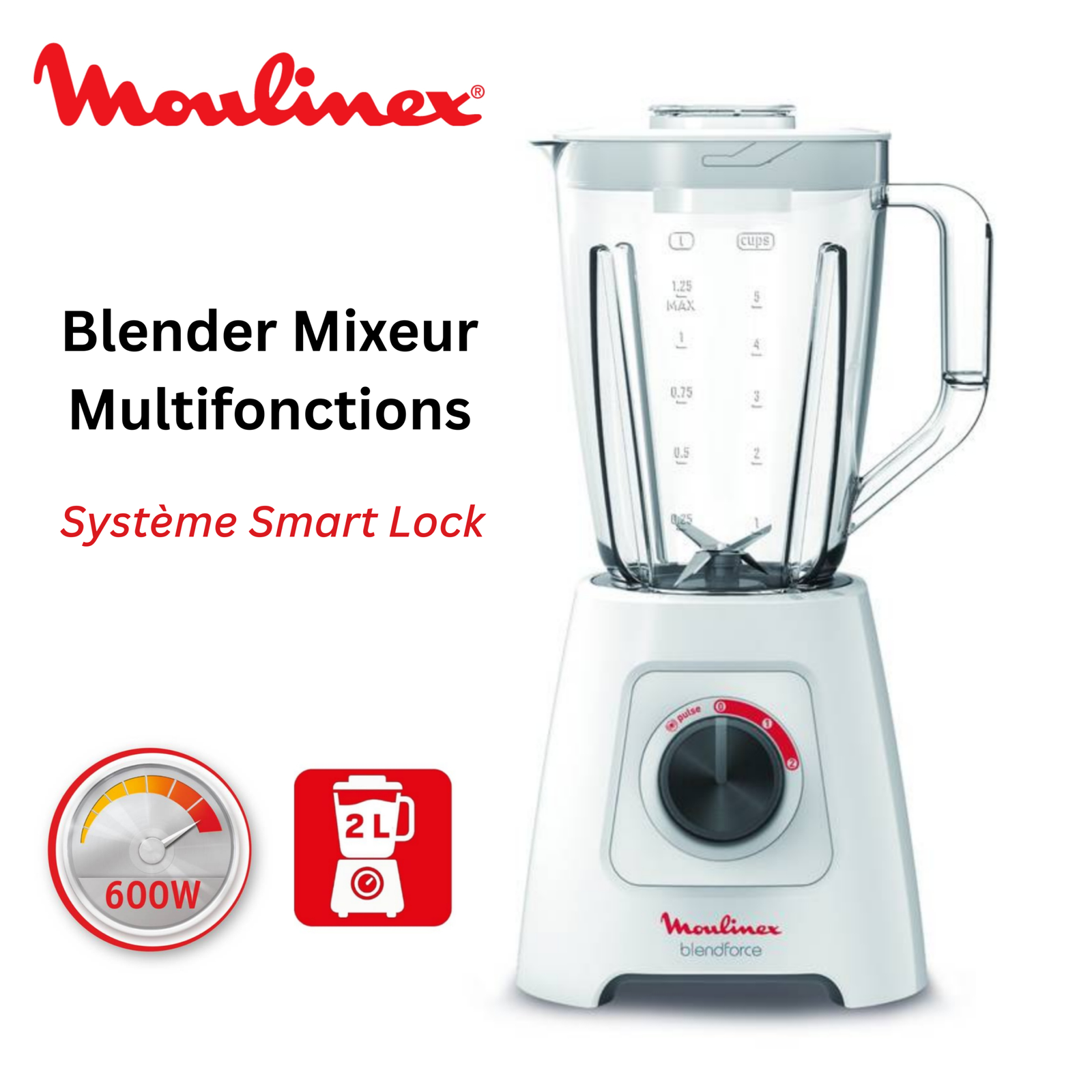 Blender Mixeur Electrique 600W 2 Litres 2 Vitesses et turbo - 4 Lames Avec Système Smart Lock - Moulinex Blendforce LM420110