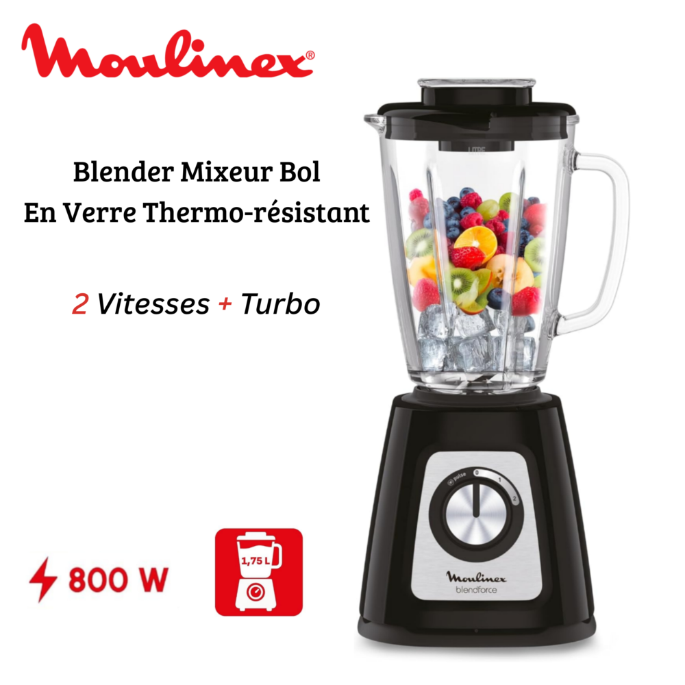 Blender Mixeur En Verre 1.75L 800W avec 2 Vitesses et Fonction Pulse - Moulinex BlendForce Glass LM435810