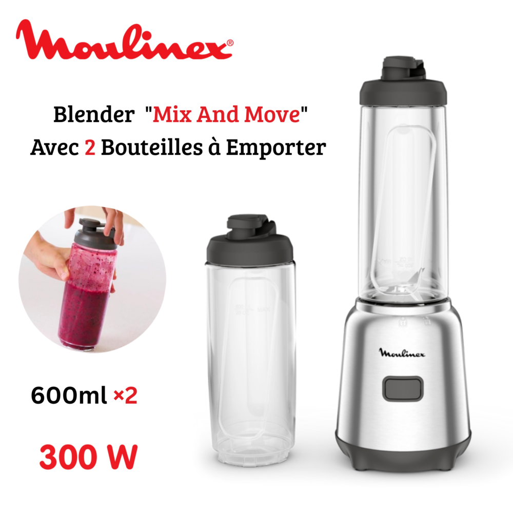 Blender Mixeur Électrique 600mL 300W 1 Vitesse Avec 2 Bouteilles À Emporter - Moulinex Mix and Move LM15FD10