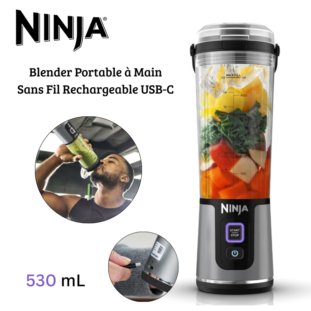 Blender Mixeur Portable À Main 530mL Sans Fil - Rechargeable USB - Ninja Blast BC151EUBK