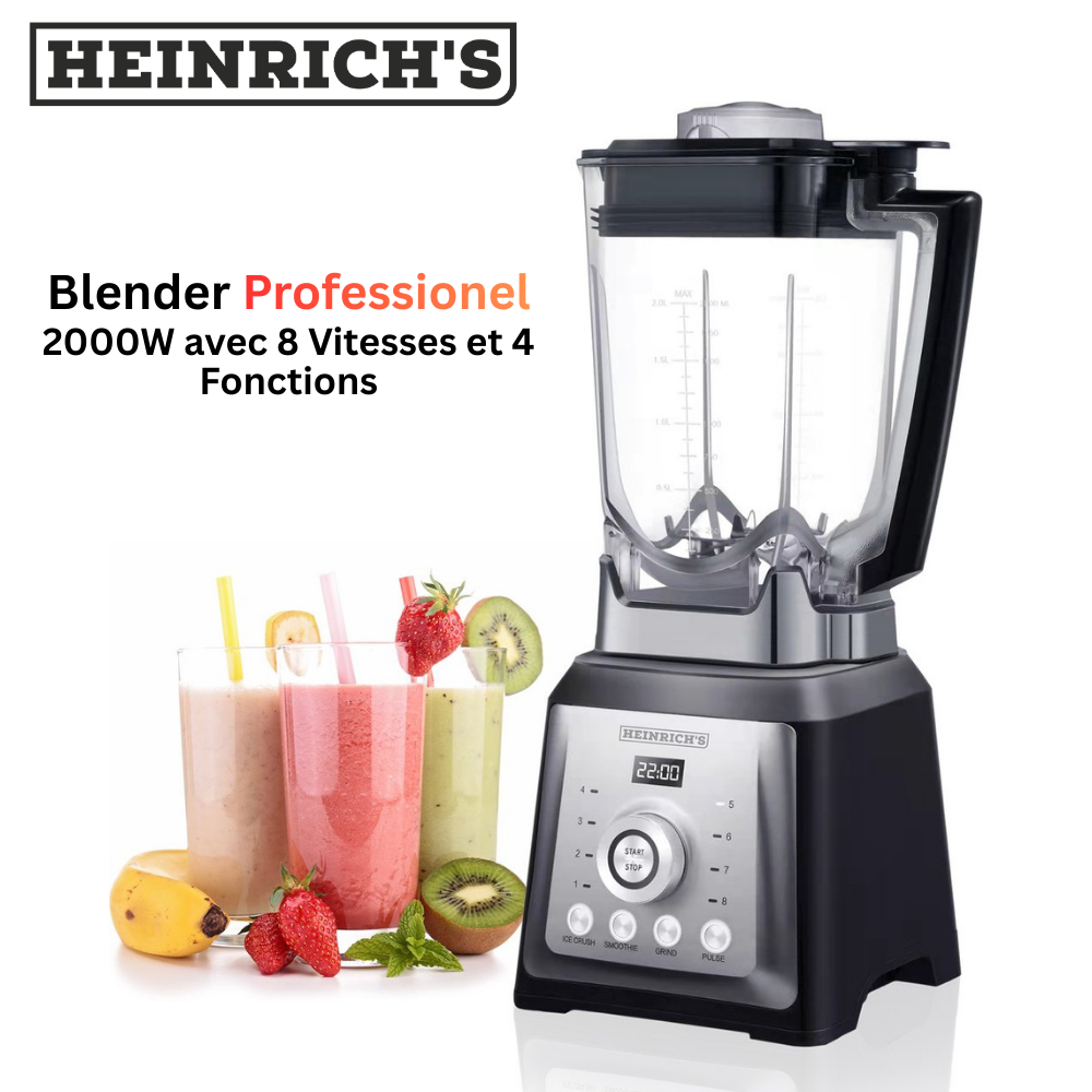 Blender Mixeur Professionnel 2000W 2L 32000 tr/min - 8 vitesses avec 4 programmes - Fonction Ice Crush - Heinrich's HPM 8160
