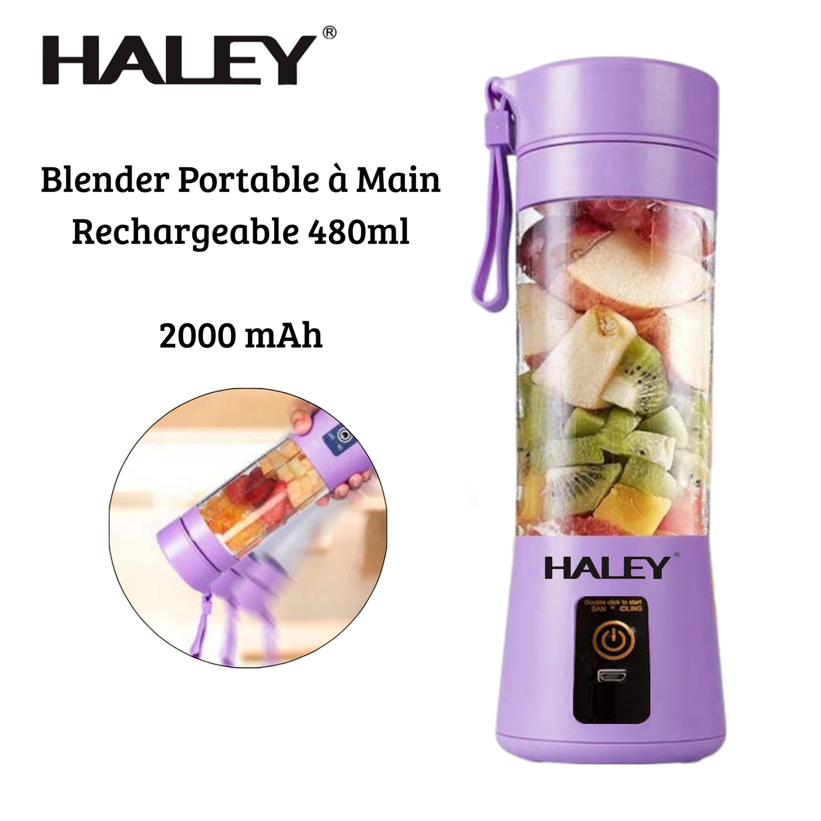 Blender Mixeur Portable À Main 480mL Sans Fil - Rechargeable Avec Batterie 2000mAh - Haley HY2950