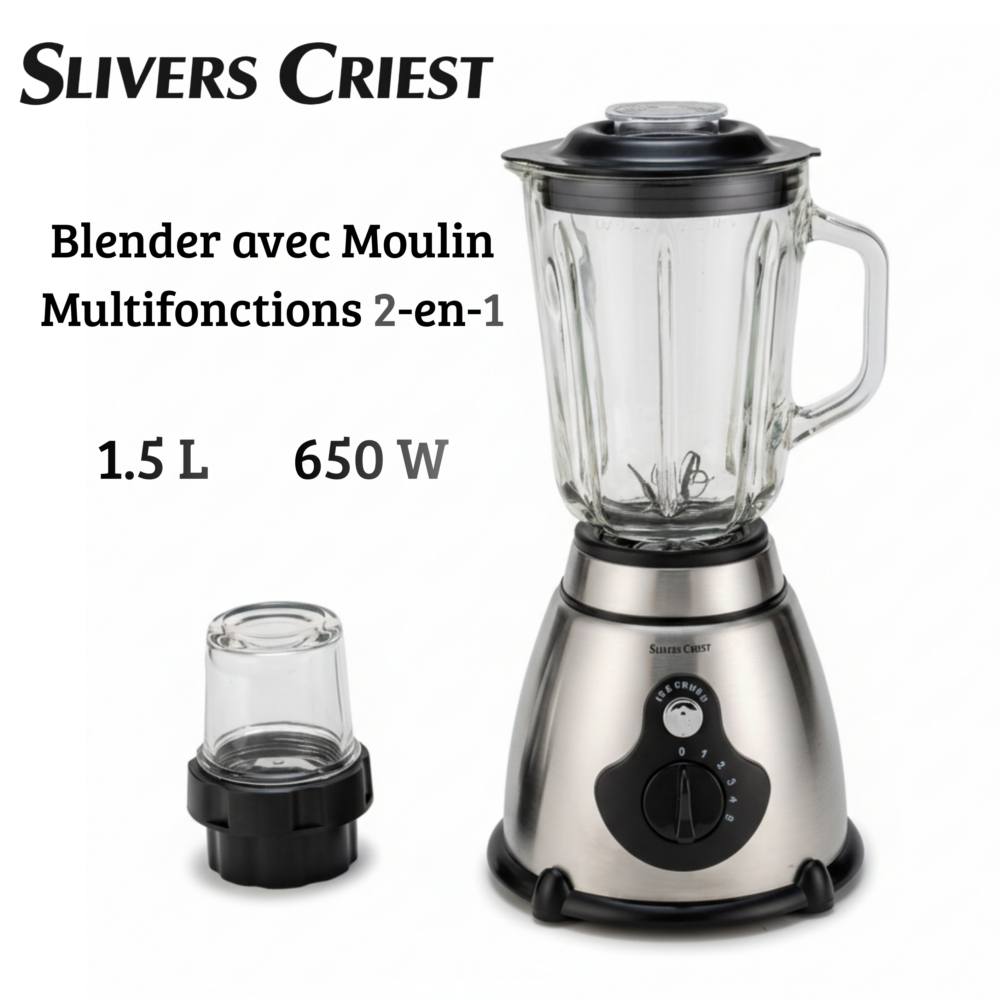 Blender Mixeur Électrique 2EN1 650W 1.5L en Verre avec Moulin - 6 Vitesses + Fonction Ice Crush - Slivers Criest SC-Y6601