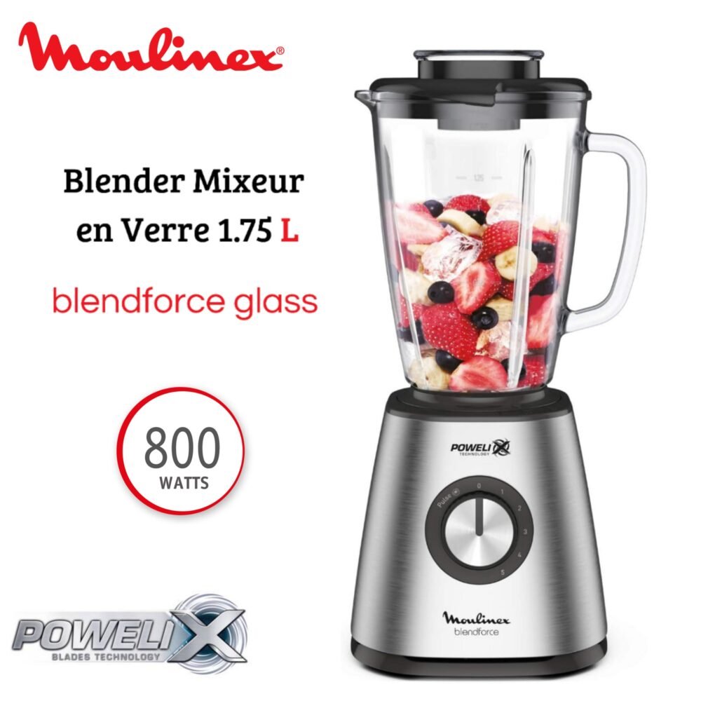 Blender Mixeur En Verre 800W 1.75L avec 5 vitesses - 6 Lames et Boitier En Inox - Moulinex Blendforce Glass LM439D10