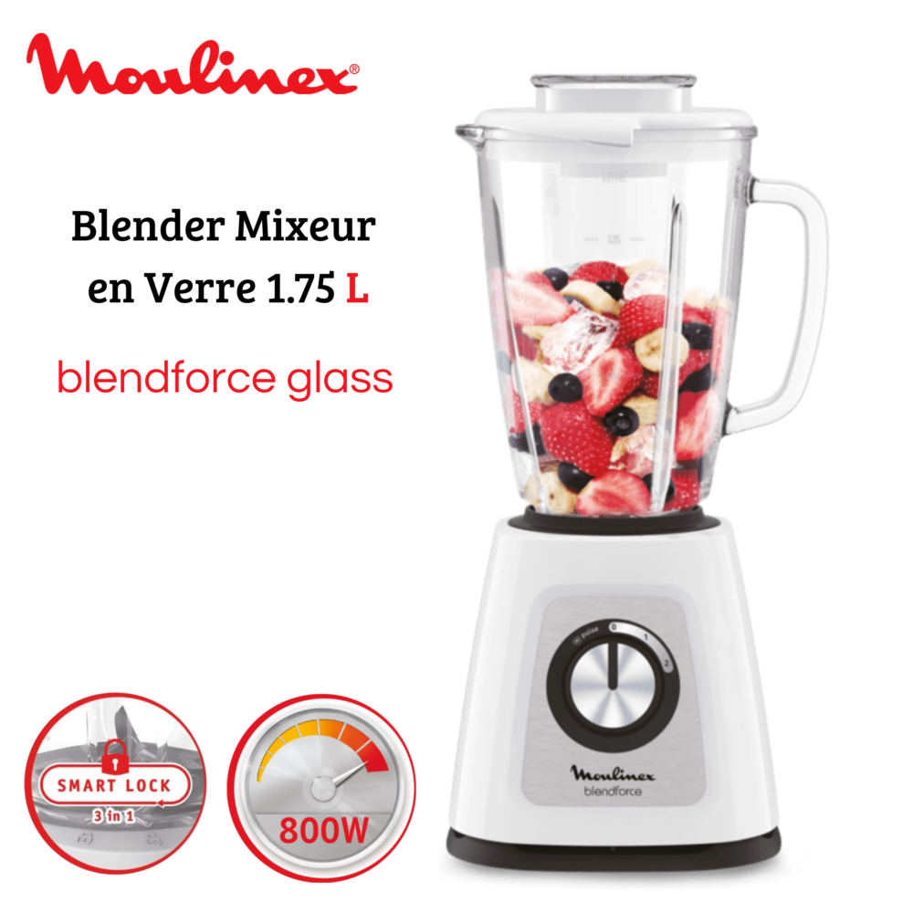 Blender Mixeur En Verre 800W 1.75L avec 3 Vitesses - Moulinex Blendforce Glass LM430110