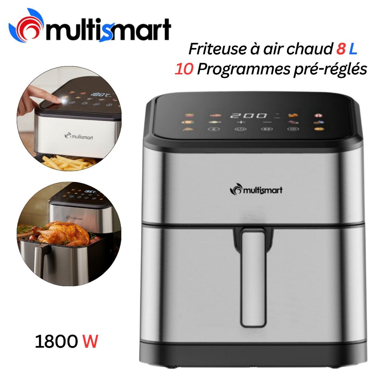 Friteuse Air fryer sans huile 8L 1800W INOX avec 10 Programmes et Écran Digital Multismart MS-AF3248