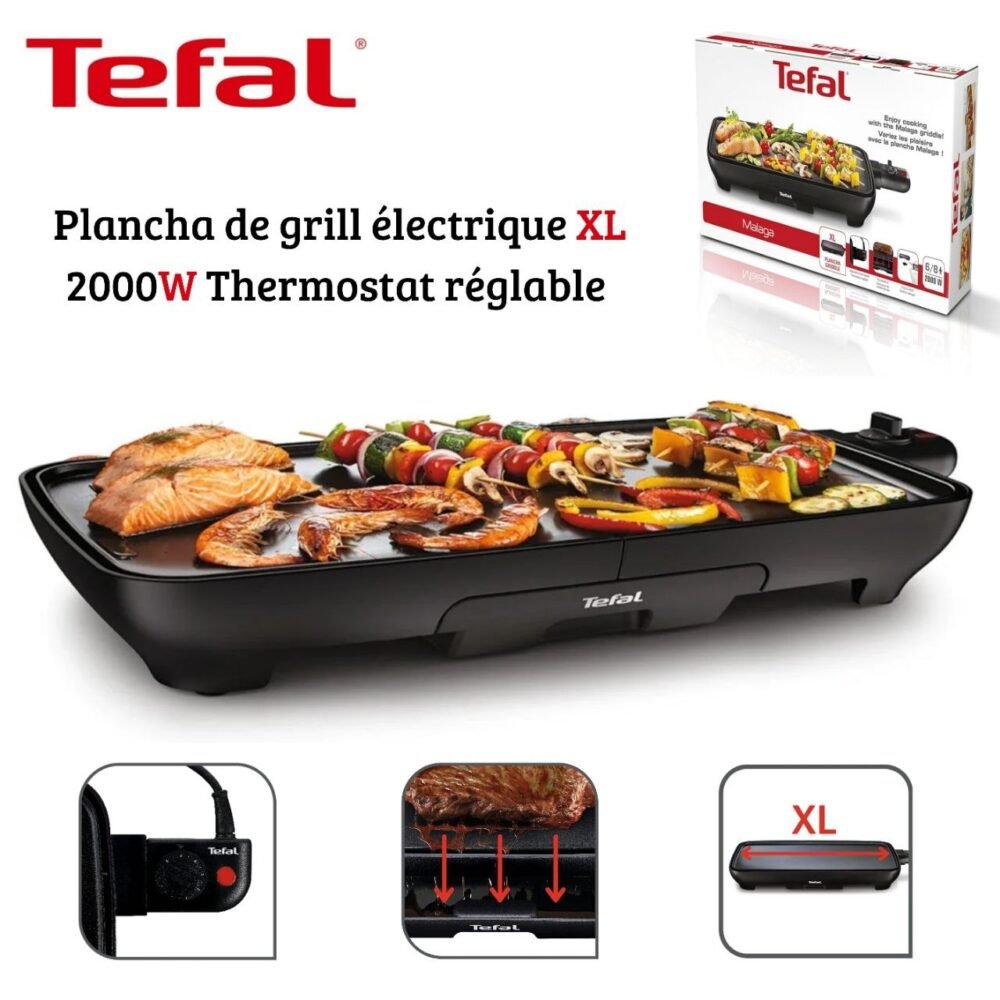 Plaque De Grill Plancha Électrique 2000W Avec Thermostat Réglable Tefal Malaga CB501812