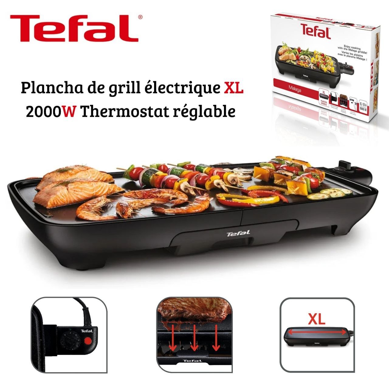 Plaque De Grill Plancha Électrique 2000W Avec Thermostat Réglable Tefal Malaga CB501812