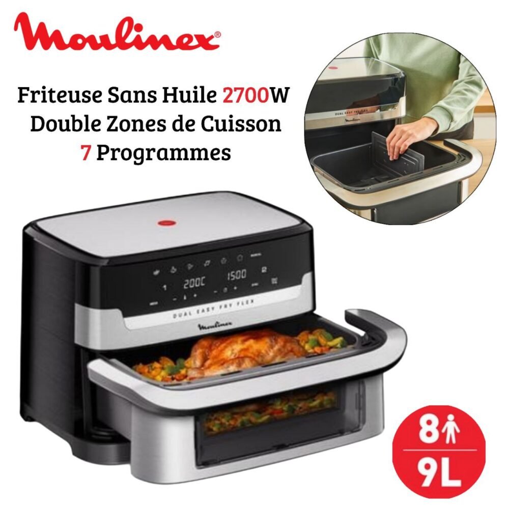 Friteuse Air Fryer sans huile 9L 2700W 7 Programmes Double Zone avec Separateur - Moulinex Dual Easy Fry Flex EZ922DF0