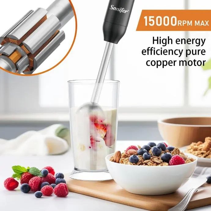 خلاط يدوي من الفولاذ المقاوم للصدأ 3 في 1 بقدرة 300 واط، مع خفاقة وكأس قياس – Sonifer SF-8165 - الصورة 9