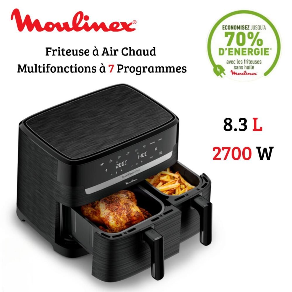 Friteuse sans huile Double Tiroirs 8.3L 2700W À Air Chaud - 7 Programmes Tactile - Moulinex Easy Fry Dual 901N20