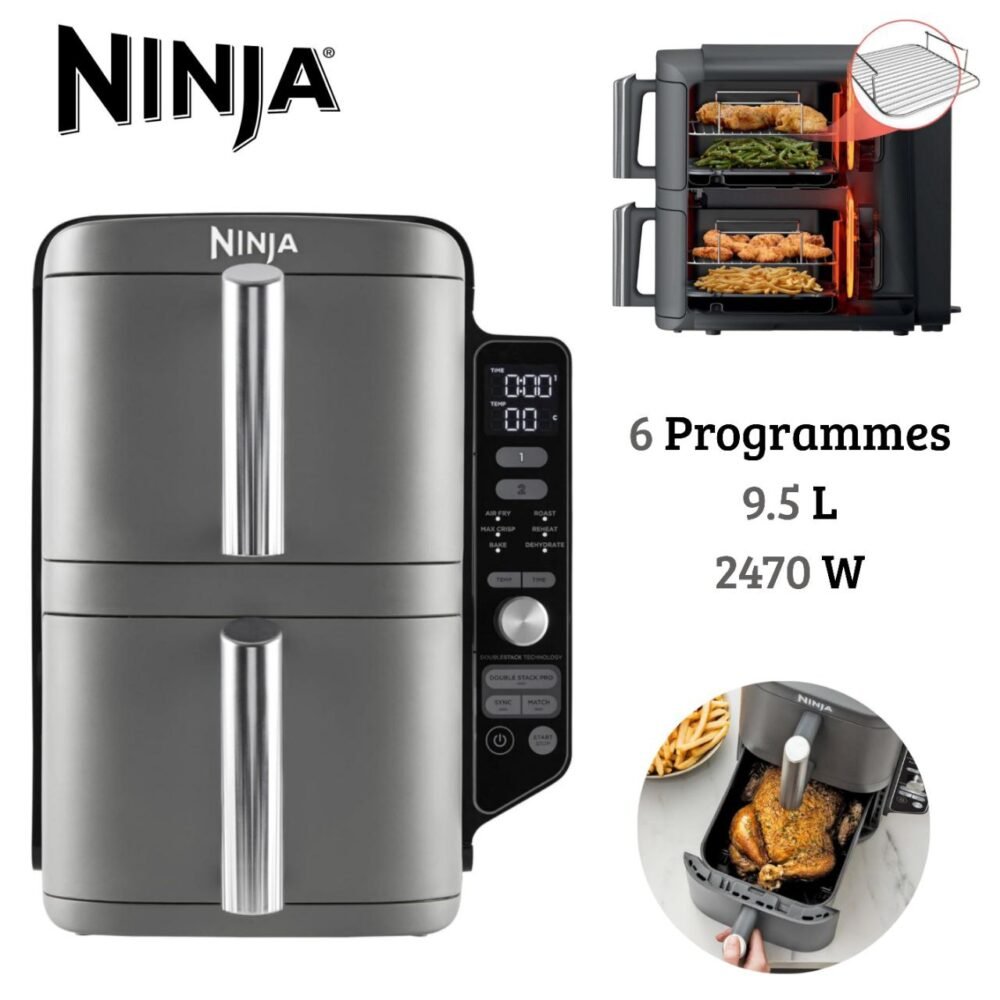 Friteuse Air Fryer sans Huile 9.5L 2470W 2 tiroirs avec 6 Programmes - Ninja Double Stack SL400EU