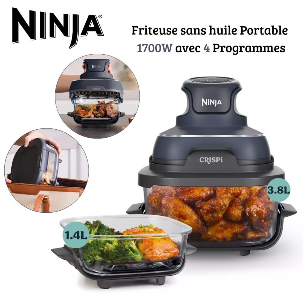 Ninja Crispi Friteuse Air Fryer Portable 4en1 sans huile 3.8L 1700W avec 2 récipients FN101EUGY