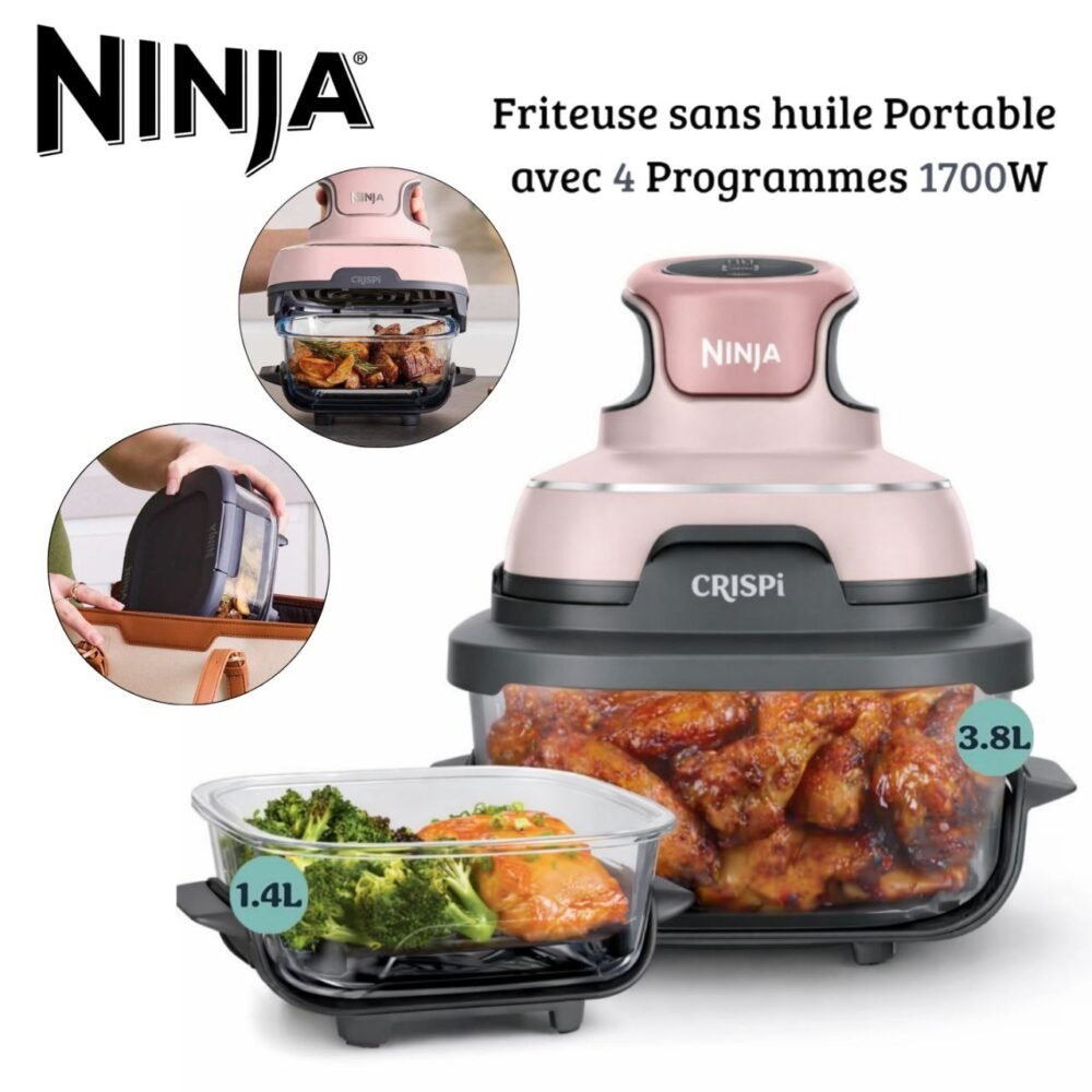 Ninja Crispi Friteuse Air Fryer Portable 4en1 sans huile 3.8L 1700W - 2 récipients  Rose Édition Limitée FN101EUPK