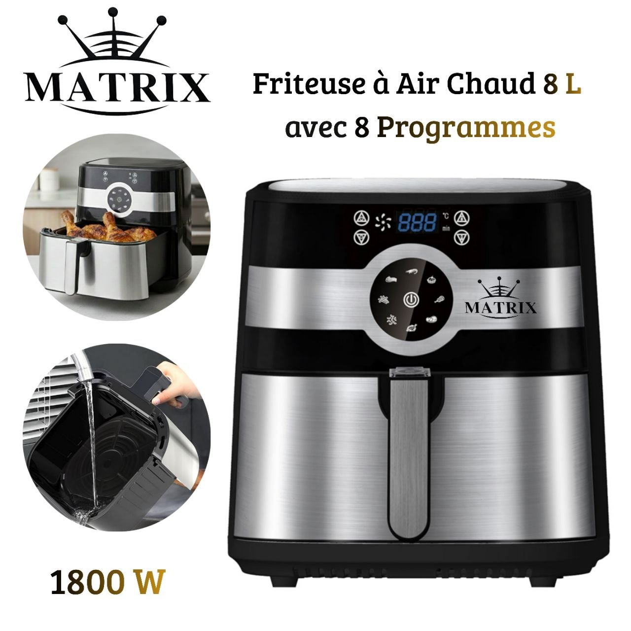 Friteuse Air Fryer sans huile 8L 1800W 8 Programmes Tactile Inox - Matrix MX-821