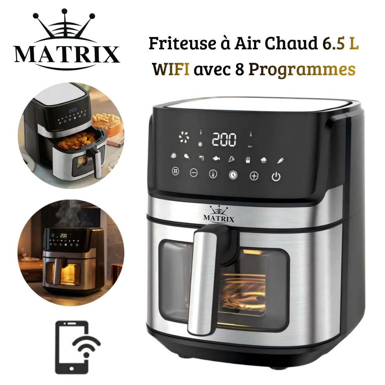 Friteuse Air Fryer sans huile 6.5L 1700W 8 Programmes Tactile Inox - Matrix MX-720