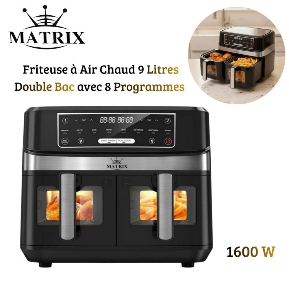 Friteuse Air Fryer Double Tiroirs 9L 1600W À Air Chaud - 8 Programmes Tactile Double zone avec Fenêtre Visible