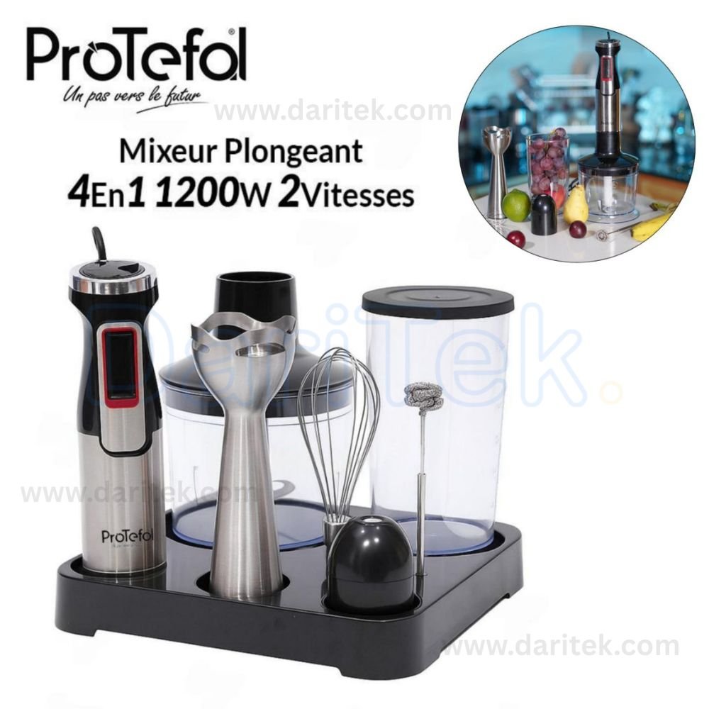 Bras Mixeur Plongeant Multifonctions 4En1 Inox 1200W Avec Hachoir Fouet Émulsionneur De Lait - Protefal FY8020A