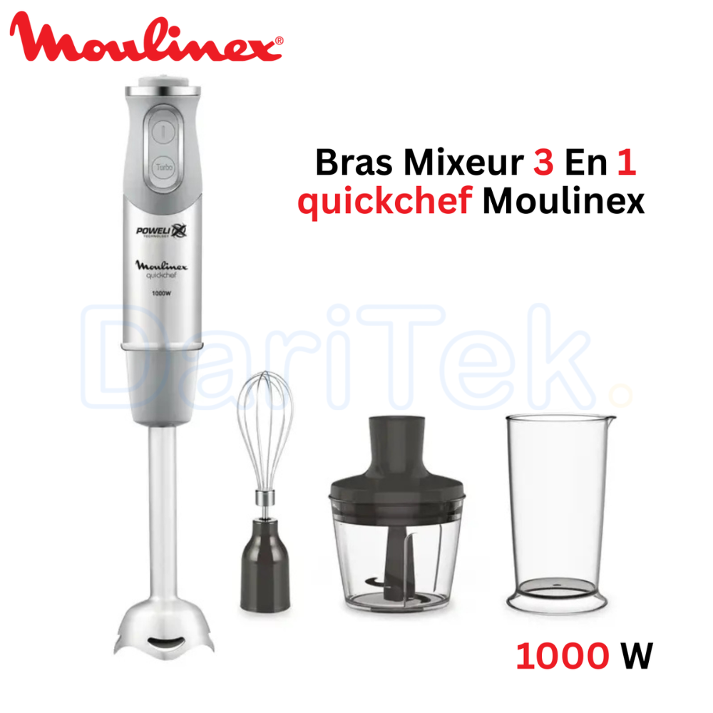 Bras Mixeur 3en1 Plongeant 1000W et 10 Vitesses avec Hachoir et Verre doseur Moulinex QuickChef DD655D10
