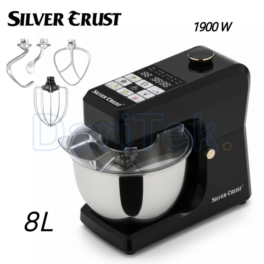 Robot Pétrin Pâtissier Double Crochet 1900W 8L Écran Digital Et 3 Programmes Automatiques avec Bol en inox - SILVER CRUST SM1511T
