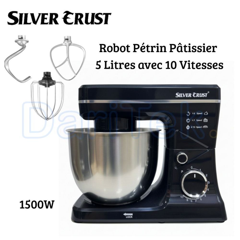Robot Pétrin Pâtissier 1500W Bol Inox 5L avec 10 Vitesses et 3 Accessoires - Silver Crust SM 1544