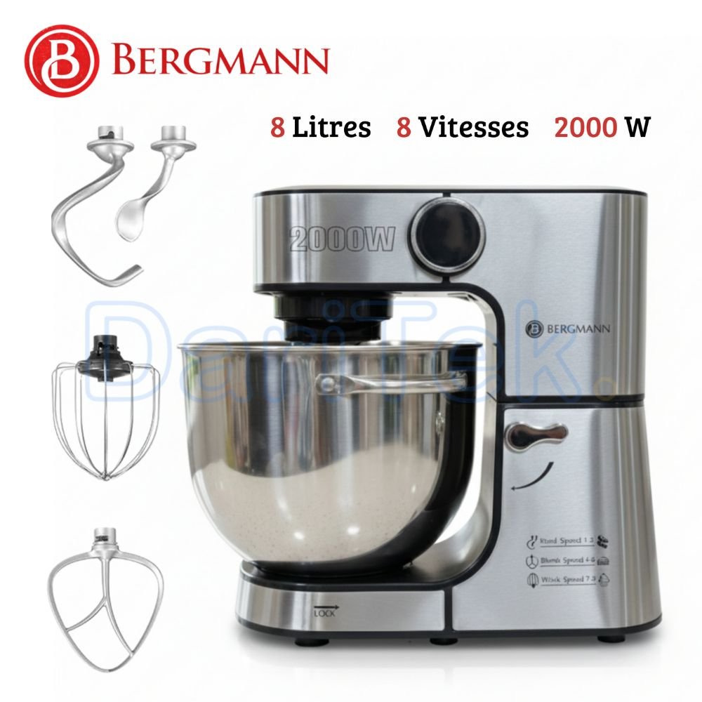 Robot Pétrin Pâtissier Double Crochet 8L 2000W 8 Vitesses - Bergmann SilverChef+ BSM 8003