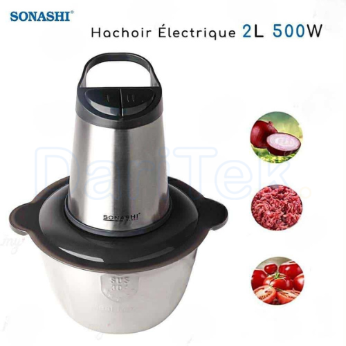 Hachoir Electrique en Inox 2L 500W 4 Lames avec Eplucheur d'Ail - Sonashi SMC-20S